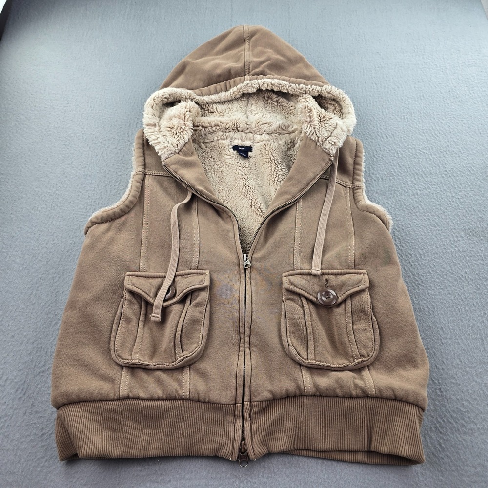 Vintage Gap Vest Womens Medium Beige Hooded Sherpa Lined Knit Patch Pockets Y2K